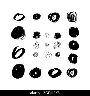 Vector grunge round brushes Set. Black strokes, stains, ink, dry brush collection. Dirty artistic hand drawn elements isolated on white background. Ci Stock Vector