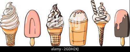 Set of ice cream icons vector doodle illustration. Kids collection of sunblind and popsicle in cone isolated on white background. Vector illustration Stock Vector