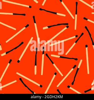 Seamless flat vector safety matches pattern. Wooden new and burnt, charred match sticks isolated on Orange background. Minimalistic matchstick symbol Stock Vector