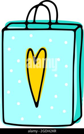 Cute doodle paper shop packages. Hand-drawn color present bag isolated on white background. Heart, dots surprise. Holiday, Valentines Day, Happy Birth Stock Vector