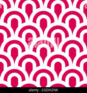 Seamless Japanese waves pattern. White, pink repeating arches background. Minimalistic retro Art Deco ornament. Simple vector template Oriental illust Stock Vector