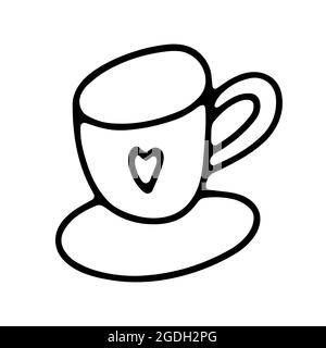 Doodle coffee cup. Cute hot beverage isolated on white background. Outline tea, latte, cappuccino, americano mug with heart, saucer. Vector hygge illu Stock Vector