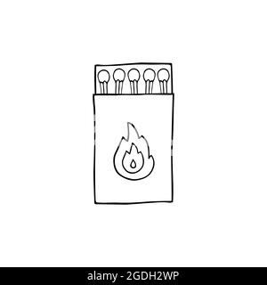 Doodle vector safety matches box. Wooden new match sticks container isolated on white background. Minimalistic matchstick symbol. Matches in packaging Stock Vector