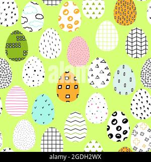 Seamless vector Happy Easter pattern. Easter eggs painted with colored Scandinavian ornaments on green pastel background. Festive spring Polka dot, st Stock Vector