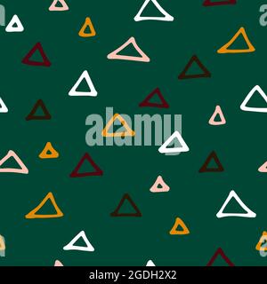 Seamless abstract doodle pattern. Fall colored hand drawn triangles on green background. Scandinavian cozy ornament. Vector geometric autumn illustrat Stock Vector