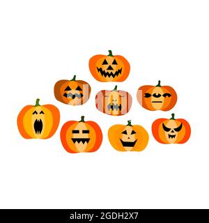 Set of halloween scary orange pumpkins isolated on white background. Funny, creepy, smiling faces. Happy Halloween Holiday Symbol. Character collectio Stock Vector