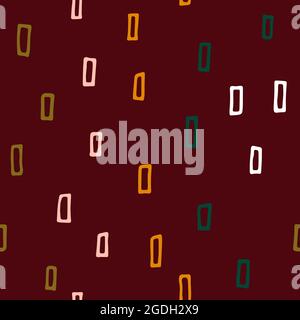 Scandinavian Seamless winter burgundy pattern. Green, pink, gold hand drawn rectangles on red background. Cozy autumn ornament. Vector doodle illustra Stock Vector