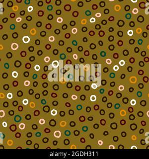 Seamless Scandinavian polka dots pattern. Black, gold, red, white hand-drawn rings on khaki green background. Cozy autumn ornament. Vector circles ill Stock Vector