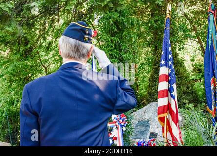 Veteran paying tribute to the fallen with a salute to the veterans war memorial. Close-up Stock Photo