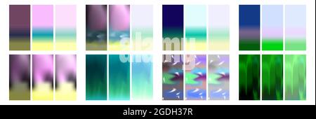 Abstract colored background for smartphone screens in a dark and light version. Sea, ocean, sunset, dawn, leaves, grass, beach water set. Vector illus Stock Vector