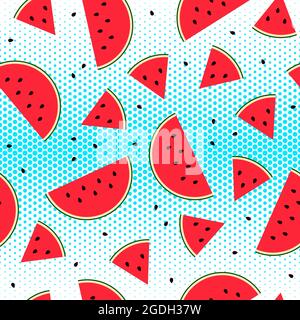 Seamless Watermelon slice pattern. Flat fresh fruit on white blue halftone background. Colorful summer food. Red cut melon with seeds. Vector dot pop Stock Vector
