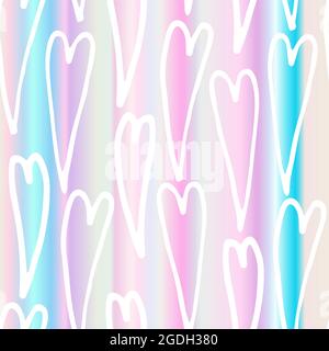 Seamless light holographic pattern. Hand drawn white outline hearts on gradient background. Valentine's Day February 14 Festive Element. Gentle holida Stock Vector