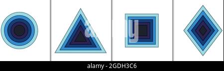 Paper cut geometric shapes set. Blue circle, square, triangle, rhombus isolated on white background. Copy space volumetric symmetrical frames. Hand-ma Stock Vector