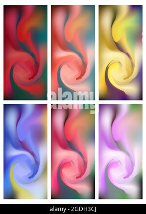 Abstract color vibrant tie dye painted background for smartphone screen. Coral, purple, blue, green, orange, gold stains, helix. Mockup for social med Stock Vector