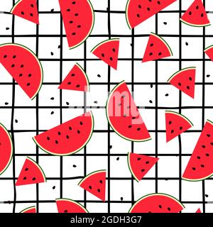 Seamless Watermelon slice tile pattern. Flat Sweet fresh fruit on checkered black striped background. Colorful bright summer food. Red cut melon with Stock Vector