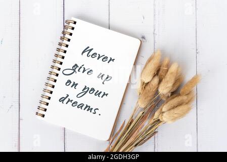 Never give up on your dreams inspirational quote Stock Photo