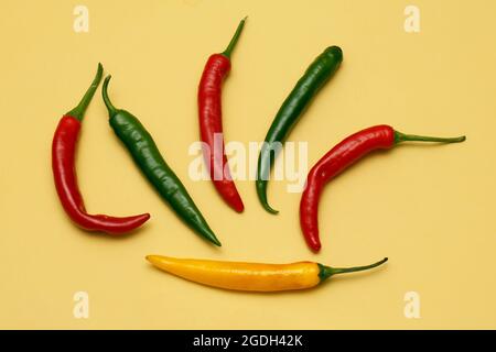 Colorful spicy chilli and habanero hot peppers on yellow background Stock Photo