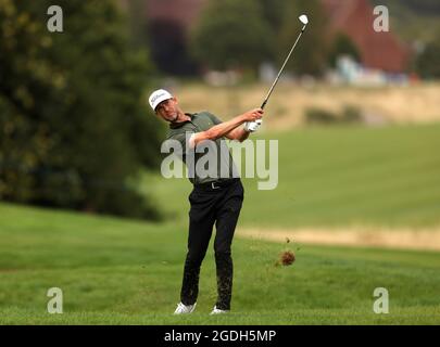 Niklas Lemke pitches on the 2nd during day two of the Cazoo Classic at the London Golf Club in Ash, Kent. Picture date: Friday August 13, 2021. Stock Photo
