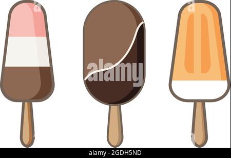 Set of ice cream icons vector doodle illustration. Kids collection of banana, chocolate and strawberry sunblind and popsicle in cone isolated on white background Stock Vector