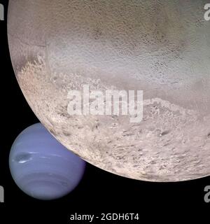 A montage shows Neptune as it would appear from a spacecraft approaching Triton Stock Photo