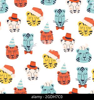 Seamless pattern with cartoon cute tiger cubs. Colored repeating pattern for design. Stock Vector
