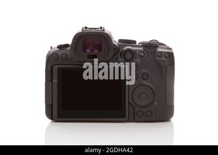 Mirrorless full frame professional camera back isolated on white background. Stock Photo