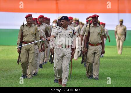 Nagaon, India. 13th Aug, 2021. Indian policemen take part in a full dress rehearsal ahead of India's Independence Day in Nagaon district of India's northeastern state of Assam, Aug. 13, 2021. Credit: Str/Xinhua/Alamy Live News Stock Photo