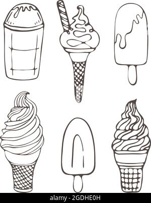 Outline vector illustration set of doodle ice cream icons isolated on white background. Perfect for coloring book for kids and adults. Lovely small icons. Vector illustration Stock Vector