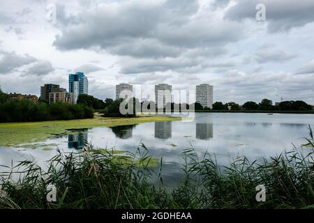 Woodberry Wetlands, London, UK. 13th Aug 2021. UK Weather: warm but cloudy at Woodberry Wetlands in north London. Credit: Matthew Chattle/Alamy Live News Stock Photo