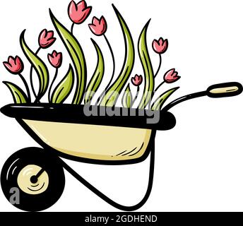 Hand drawn doodle tulips flowers in garden wheelbarrow isolated on white background vector illustration. Happy gardening. Cute sketch for garden shop logo, typography poster, farm icon, card. Stock Vector