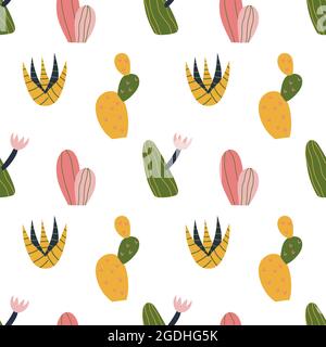 Cactus seamless pattern in cute cartoon style. Kawaii succulent in bright colors. Repeat background, wallpaper texture. Decorative print for fabric. Kid apparel design. Stock Vector