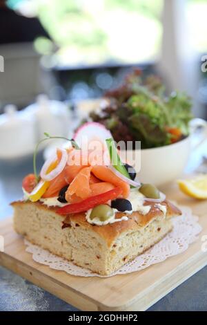 Smoked salmon on toast with salad vegetable Stock Photo