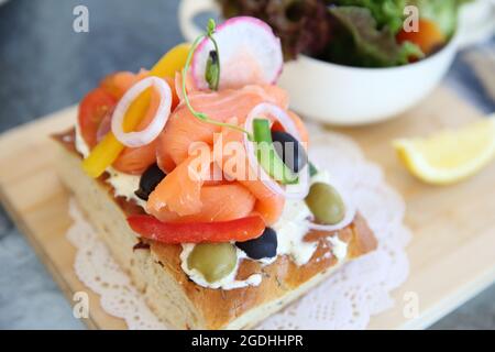 Smoked salmon on toast with salad vegetable Stock Photo