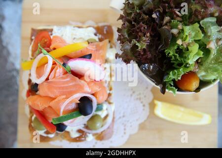 Smoked salmon on toast with salad vegetable Stock Photo