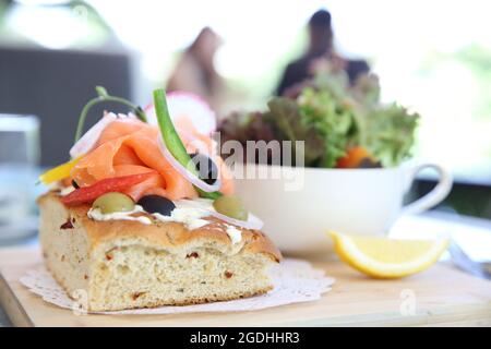 Smoked salmon on toast with salad vegetable Stock Photo