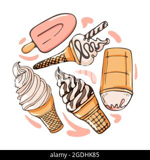 Set of ice cream icons vector doodle illustration in a circle. Kids collection of sunblind and popsicle in cone in a round shape isolated on white Stock Vector