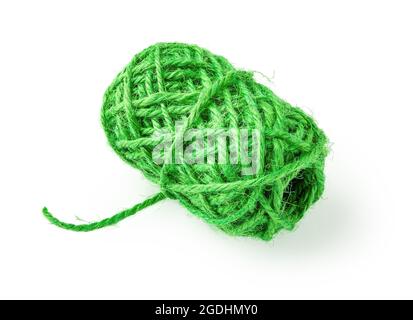 Jute ribbon of Xmas green color isolated on white background. Natural burlap rope for art, crafts and gift wrapping. Colored hemp cord or flax twine. Stock Photo