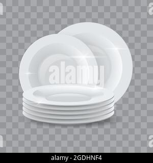 Washed dishes. Realistic clean dinner plates stack for detergent or dishwasher soap ads. Ceramic shiny tableware dish pile 3d vector mockup Stock Vector