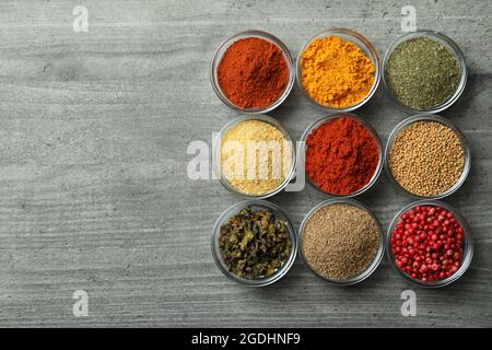 Set of different spices in glass bowls Stock Photo