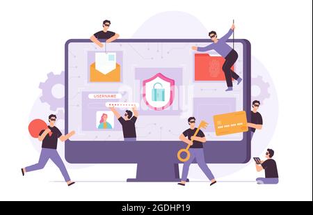 Criminal and thief hacking computer and stealing data and money. Tiny hacker flat characters attack network. Cyber crime risk vector concept Stock Vector