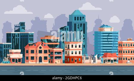 Cartoon city with ruined buildings after earthquake, disaster or war. Abandoned damaged street and broken road. Apocalyptic vector concept Stock Vector