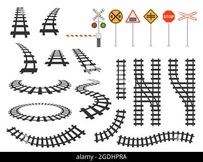 Train railway tracks curved silhouette, barrier and road signs. Railroad perspective and top map view. Tram winding roads element vector set Stock Vector