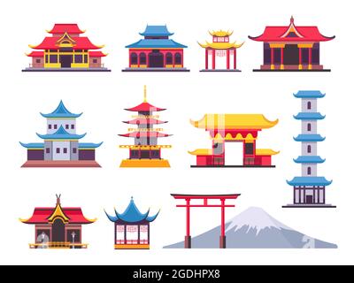 Flat japanese buildings, ancient pagoda and cultural landmark. Asian mountain fuji. Chinese towers, temples and traditional house vector set Stock Vector