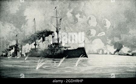 This 1899 illustration shows: “Battle of Manila Bay.”  The Battle of Manila Bay, in the Philippines, took place on May 1, 1898, during the Spanish American War. The American Asiatic squadron was under the command of Commodore George Dewey, and it destroyed the Spanish Pacific Squadron  under Admiral Patricio Montojo y Pasaron Stock Photo