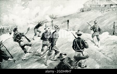 This 1899 illustration shows: “The Capture of San Juan.” Painting illustrating the capture of San Juan Hill, July 2, 1898, during the Spanish -American War. The Americans took the blockhouse and San Juan Hill from the Spanish, a key event in ending the war and the surrender of the Spanish. The Battle of San Juan Hill, also known as the Battle for the San Juan Heights, was a major battle of the Spanish–American War fought between an American force under the command of William Rufus Shafter and Joseph Wheeler against a Spanish force led by Arsenio Linares y Pombo. Stock Photo