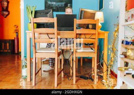 Woman working from home dressed pajama Stock Photo