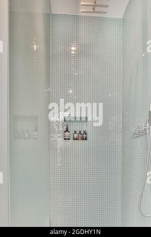 Modern shower stall in a bright bathroom Stock Photo