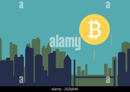 Bitcoin flying up on city background illustration Stock Photo