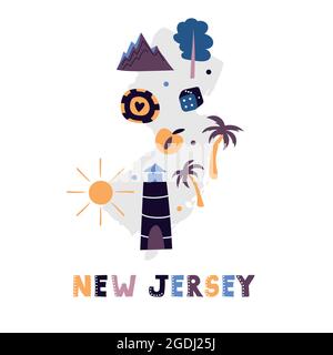 A cartoon illustration of the state of New Jersey smiling with