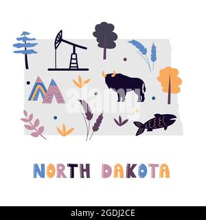 USA map collection. State symbols and nature on gray state silhouette - North Dakota. Cartoon simple style for print Stock Vector